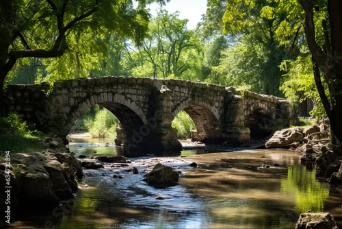 Serene Landscape of an Old Stone Bridge Over a Natural Stream in a Park: Generative AI