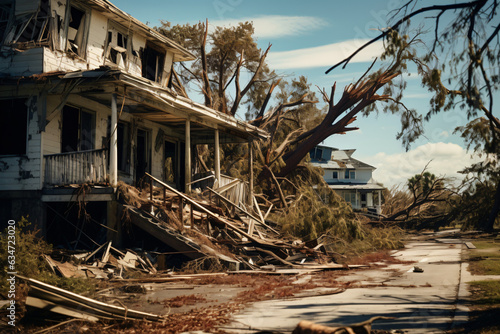 Hurricane-hit Florida. Damaged homes and uprooted trees.Generative AI