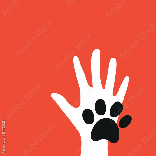 Human hand silhouette and paw print. Pet care vector illustration.