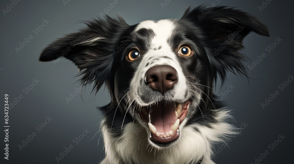 Funny dog. Adorable joyful playful dog or pet isolated on a gray background. Delightful, cheerful, zany dog headshot smiling against a gray background / backdrop with space for text.

Generative AI