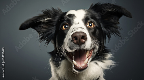 Funny dog. Adorable joyful playful dog or pet isolated on a gray background. Delightful, cheerful, zany dog headshot smiling against a gray background / backdrop with space for text.  Generative AI © Nico Vincentini