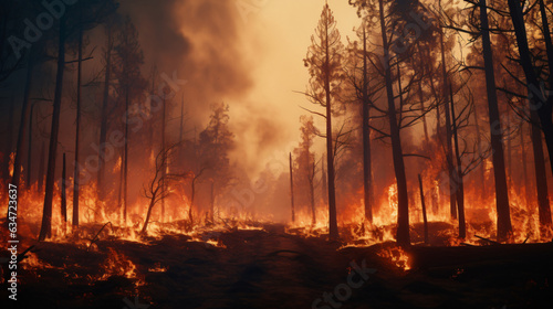 Forest fire, vast expanses of pine trees are consumed during the dry period. Wildfire rages through the woods. Illustrating the notion of global catastrophes on our planet.Generative AI