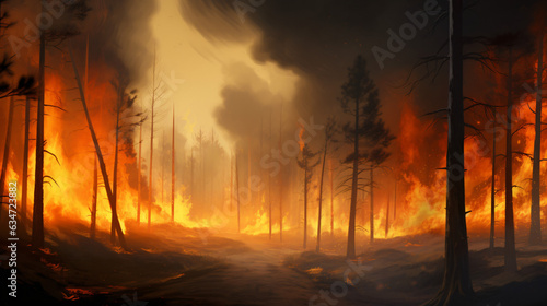 Forest fire, vast expanses of pine trees are consumed during the dry period. Wildfire rages through the woods. Illustrating the notion of global catastrophes on our planet.Generative AI © Nico Vincentini