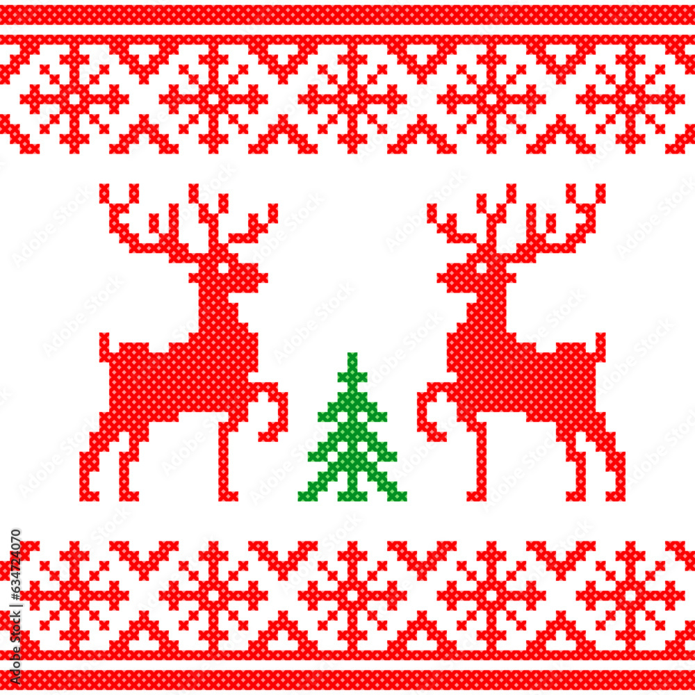 seamless pattern with christmas reindeer. tribal pattern. local fabric pattern. pixel pattern. cross stitch