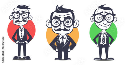 Vector set of graphic emotional funny comical cartoon men with glasses and with colored circles. Stickers or icons. White isolated background.