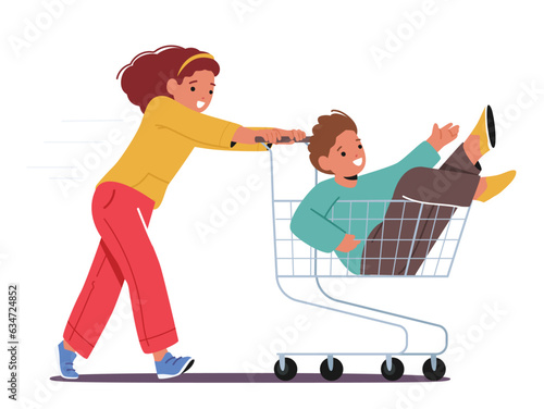 Joyful Kids Riding Supermarket Trolley, Laughing And Holding Onto The Handlebars, while They Glide Through The Aisles