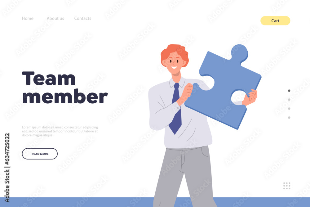 Team member concept for landing page design website template with happy male employee character Team member concept for landing page design website template with happy male employee character