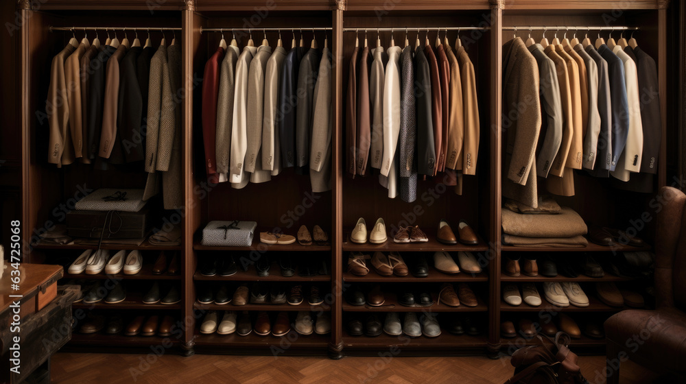 Luxury male wardrobe, showcasing an array of exclusive suits, shoes, and garments