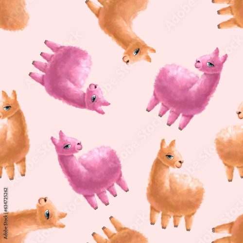 Seamless pattern with pink alpaca. Watercolor hand painted illustration isolated white. Funny llama animal.