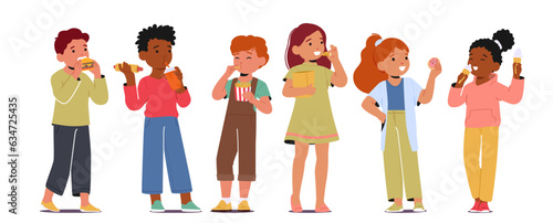 Children Characters Enjoying Fast Food, Savoring Burgers, Fries, And Sodas With Delight. Excitement Fills The Air