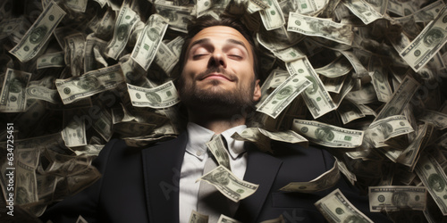 Leinwand Poster A rich businessman laying on a bed of money