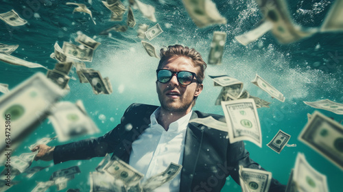 Canvastavla A businessman floating underwater surrounded by money