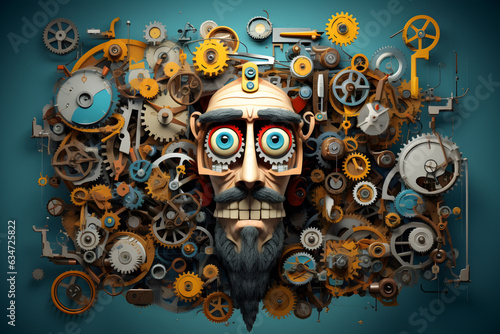  a humorous cartoon character made up of whimsical gears and machinery, engaged in a comical activity or situation.  photo