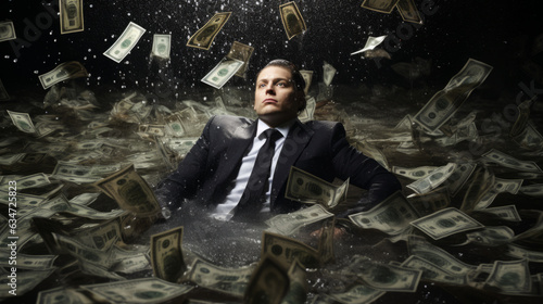 A businessman in water surrounded by money.  Corporate greed and excess. Financial crisis and destruction of capital. Entrepreneur or a tech bro.