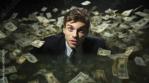 A businessman in water surrounded by money. Corporate greed and excess. Financial crisis and destruction of capital. Entrepreneur or a tech bro.