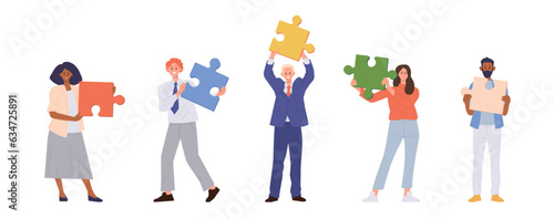 Employee diverse young people cartoon character holding puzzle pieces standing isolated on white