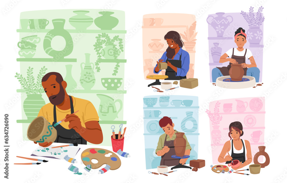 Male and Female Artist Characters Shaping Clay On Potter Wheels Or By Hand, Forming Beautiful Pottery Pieces Male and Female Artist Characters Shaping Clay On Potter Wheels Or By Hand, Forming Beautiful Pottery Pieces