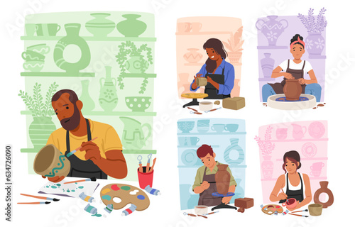 Male and Female Artist Characters Shaping Clay On Potter Wheels Or By Hand, Forming Beautiful Pottery Pieces
