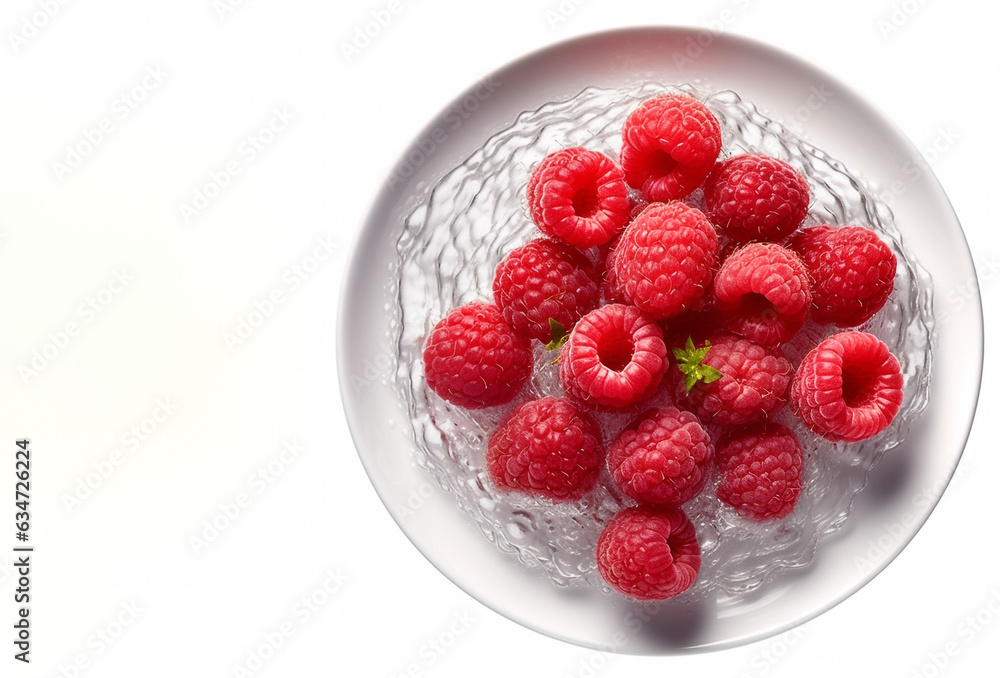 ripe raspberries on a plate on a white background top view. Generative Ai. ripe raspberries on a plate on a white background top view. Generative Ai.