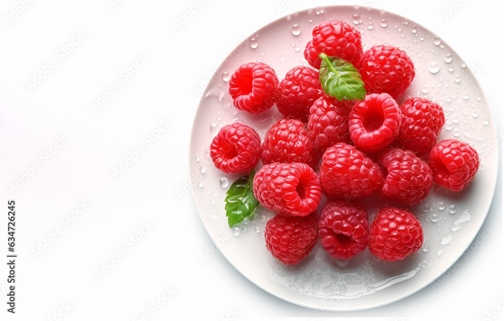 ripe raspberries on a saucer with water drops top view. Generative Ai. ripe raspberries on a saucer with water drops top view. Generative Ai.