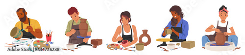 Artisan Characters Shaping Clay On Wheels, Creating Unique Pottery With Skilled Hands. Precision, Creativity, Patience