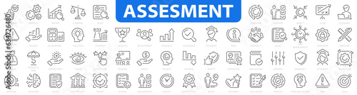 Assessment icon set. Accreditation and evaluation method on business and education. education, audit, analysis, plan, evaluation, quality, process, results and more. Vector illustration