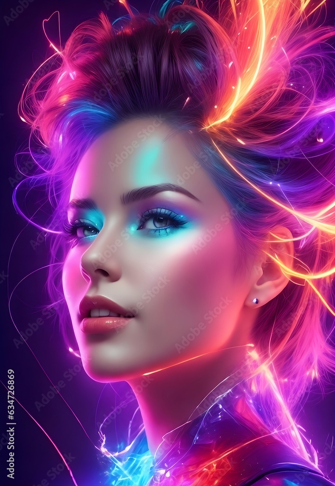 cute gorgeous colorful woman portrait with sparkling lights, magic photo