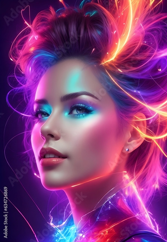 cute gorgeous colorful woman portrait with sparkling lights  magic photo