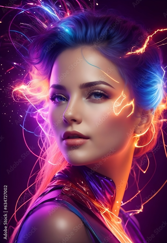 cute gorgeous colorful woman portrait with sparkling lights, magic photo
