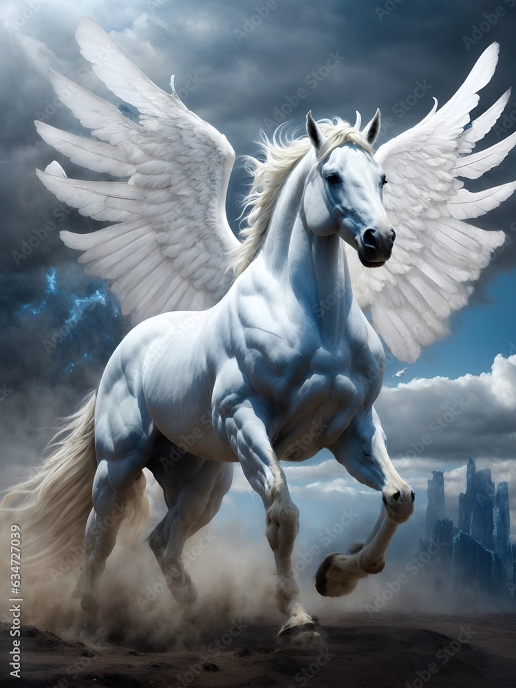 A majestic winged horse soaring through the sky
