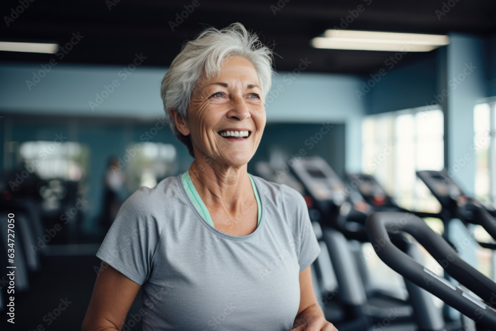 Portrait of smiling elderly woman in fitness club.
