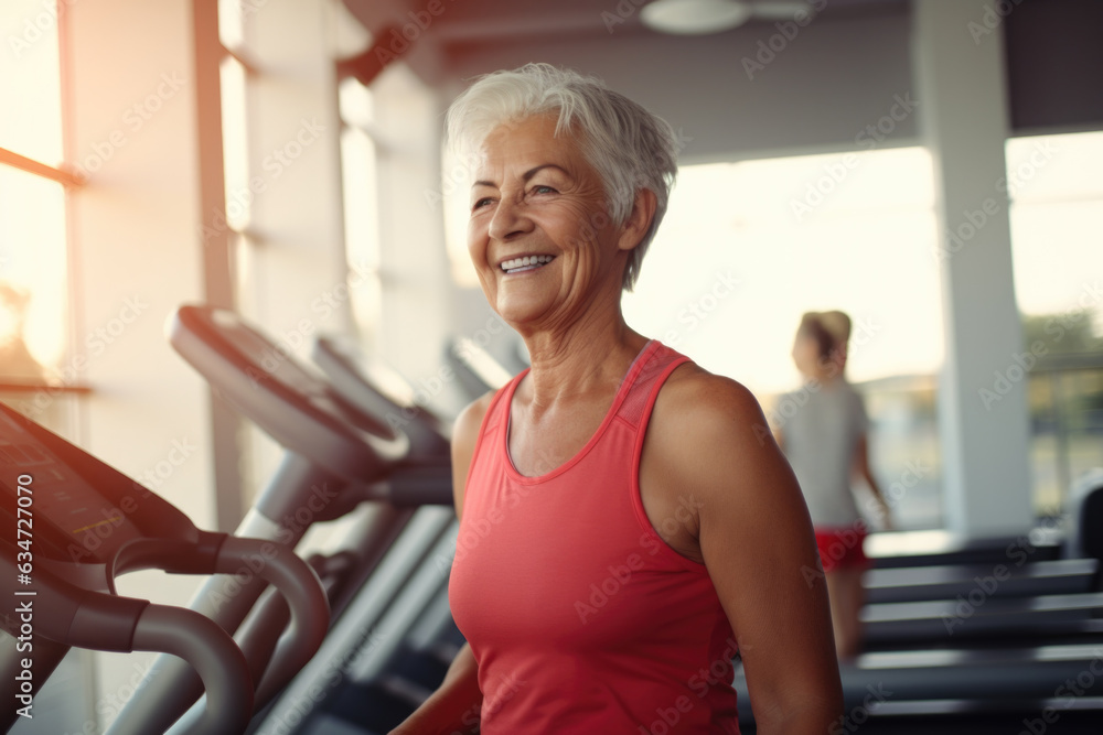 Portrait of smiling senior woman with sports equipment in fitness club.