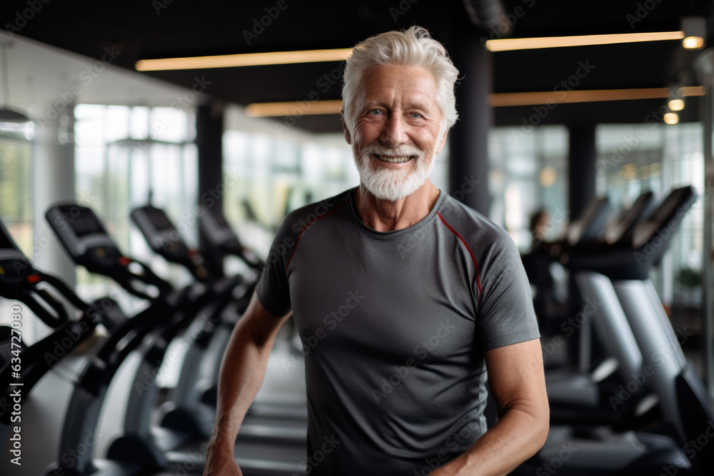 Portrait of gray-haired man in fitness club.