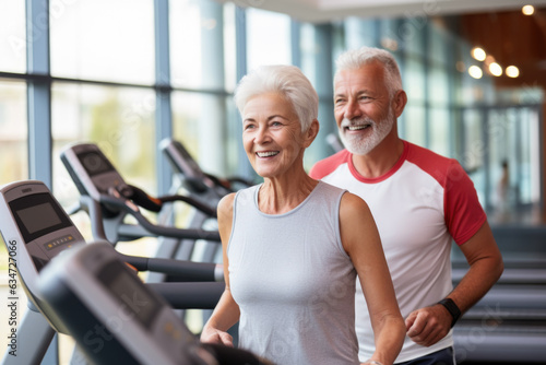 Elderly couple doing sports with exercise equipment in fitness club.