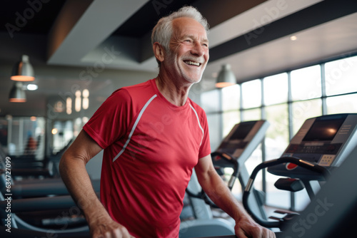 Active smiling elderly man doing sports with fitness equipment in fitness club.