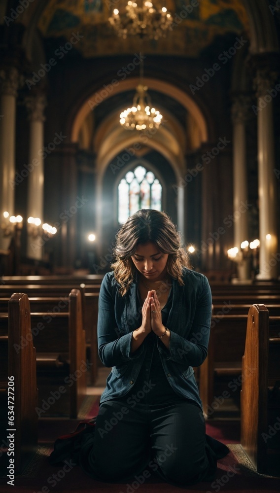 A woman kneeling in prayer inside a beautiful church - obrazy, fototapety, plakaty 