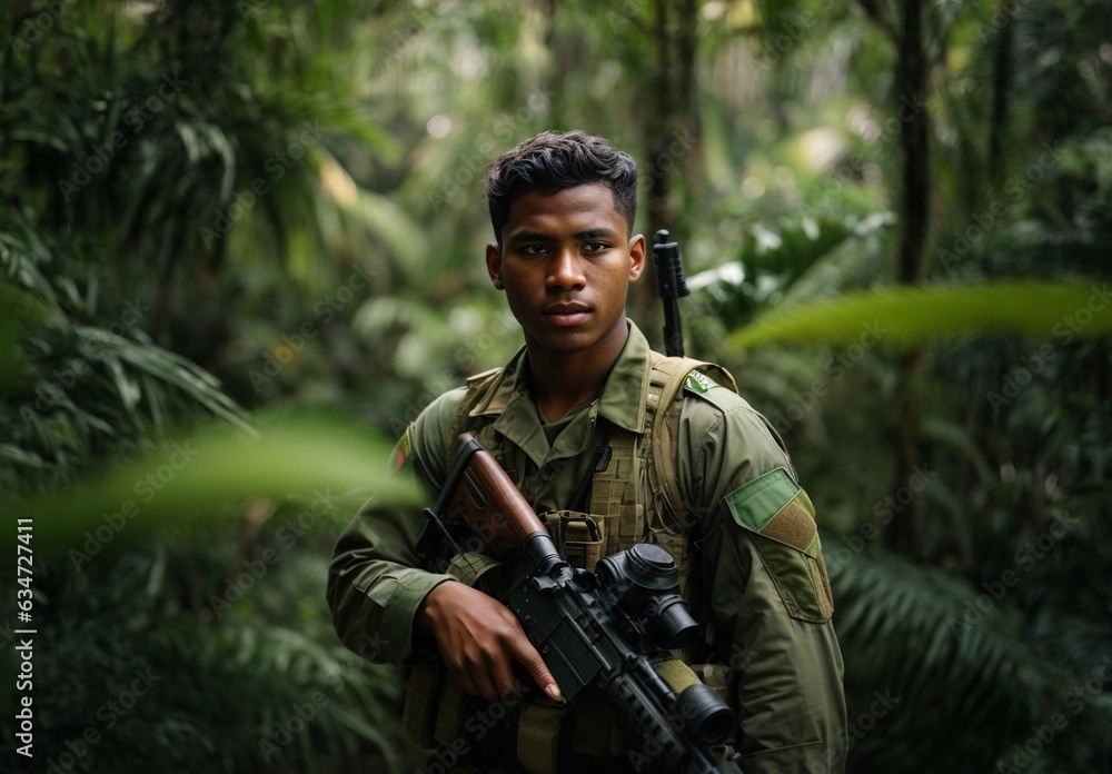 A man holding a rifle in a dense jungle