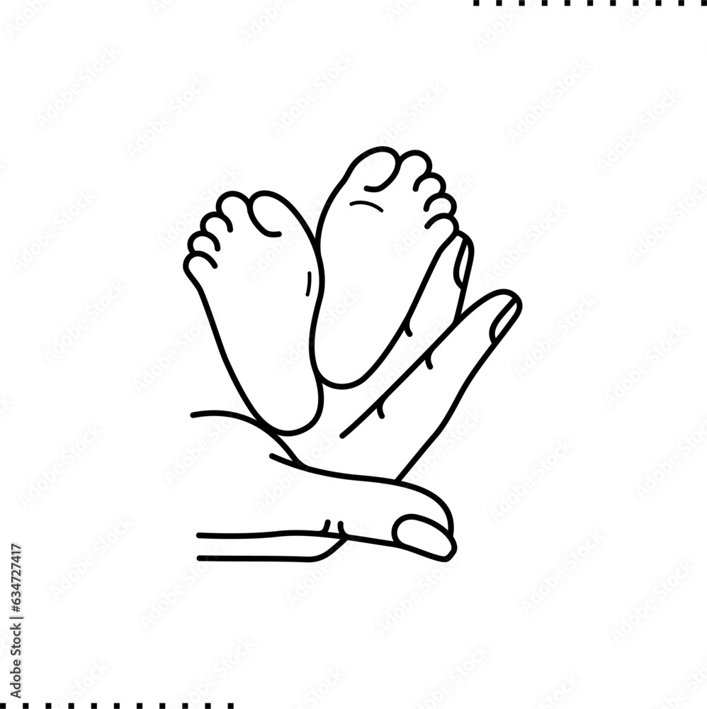 A parent's hand holds the baby's feet, motherhood outline icon A parent's hand holds the baby's feet, motherhood outline icon