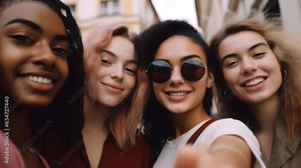 Obraz premium Group of four young woman, girls, taking a selfie in urban environment, hipsters, generative ai, illustration