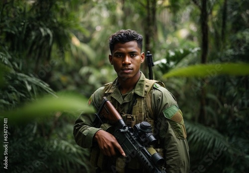 A man holding a rifle in a dense jungle © Usman
