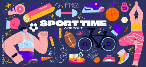 Cartoon characters stickers retro athletes. fitness lifestyle gym activity. Sports elements doodle set