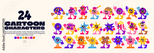 Set retro cartoon stickers with funny comic characters, gloved hands.Geometric illustration with cute comics characters.. Set in modern cartoon style