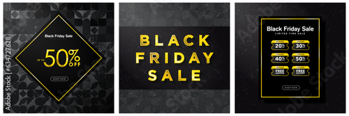 Set of Luxury Black and Gold Black Friday Sale Signs Card Templates. gold 50% off lettering with shop now button, golden online voucher code templates. Vector Illustration. EPS 10.
