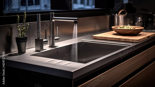 A modern stainless steel kitchen sink with a tap