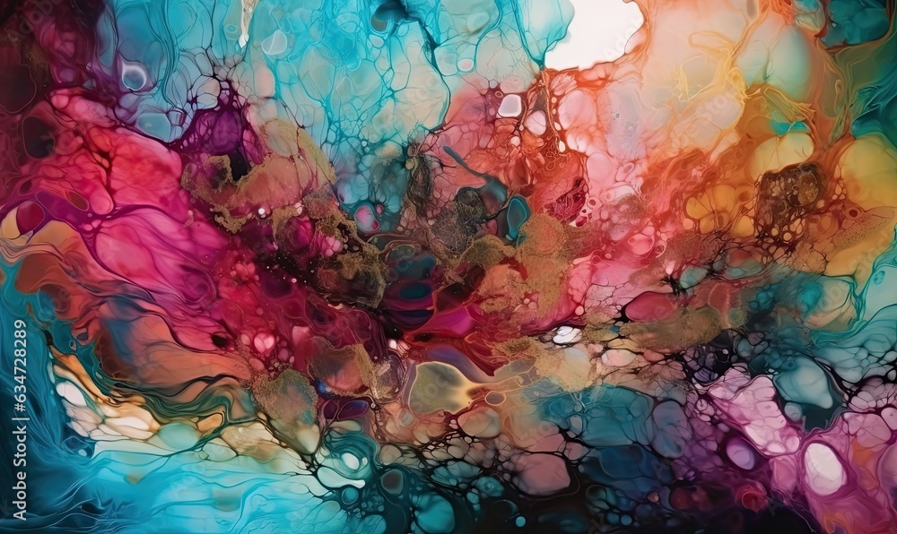 rainbow abstract fluid art painting in alcohol ink background. snaking metallic swirls, and foamy sprays of color shape