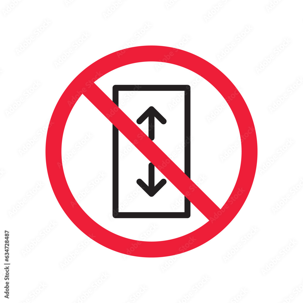 Forbidden elevator vector icon. Warning, caution, attention, restriction, label, ban, danger. No lift elevator flat sign design pictogram symbol. No elevator icon Forbidden elevator vector icon. Warning, caution, attention, restriction, label, ban, danger. No lift elevator flat sign design pictogram symbol. No elevator icon