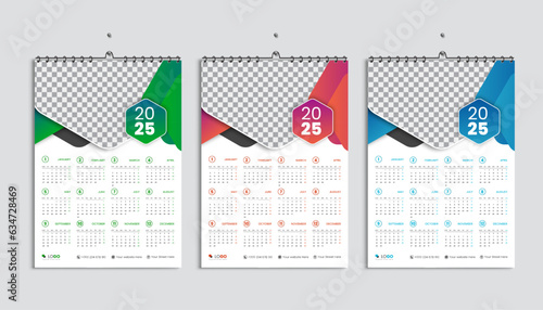 Wall calendar 2025 design template bundle, week starting from Monday. Clean, elegant template schedule planner, 3 abstract gradient color luxury concept, perfect use in home school college and office