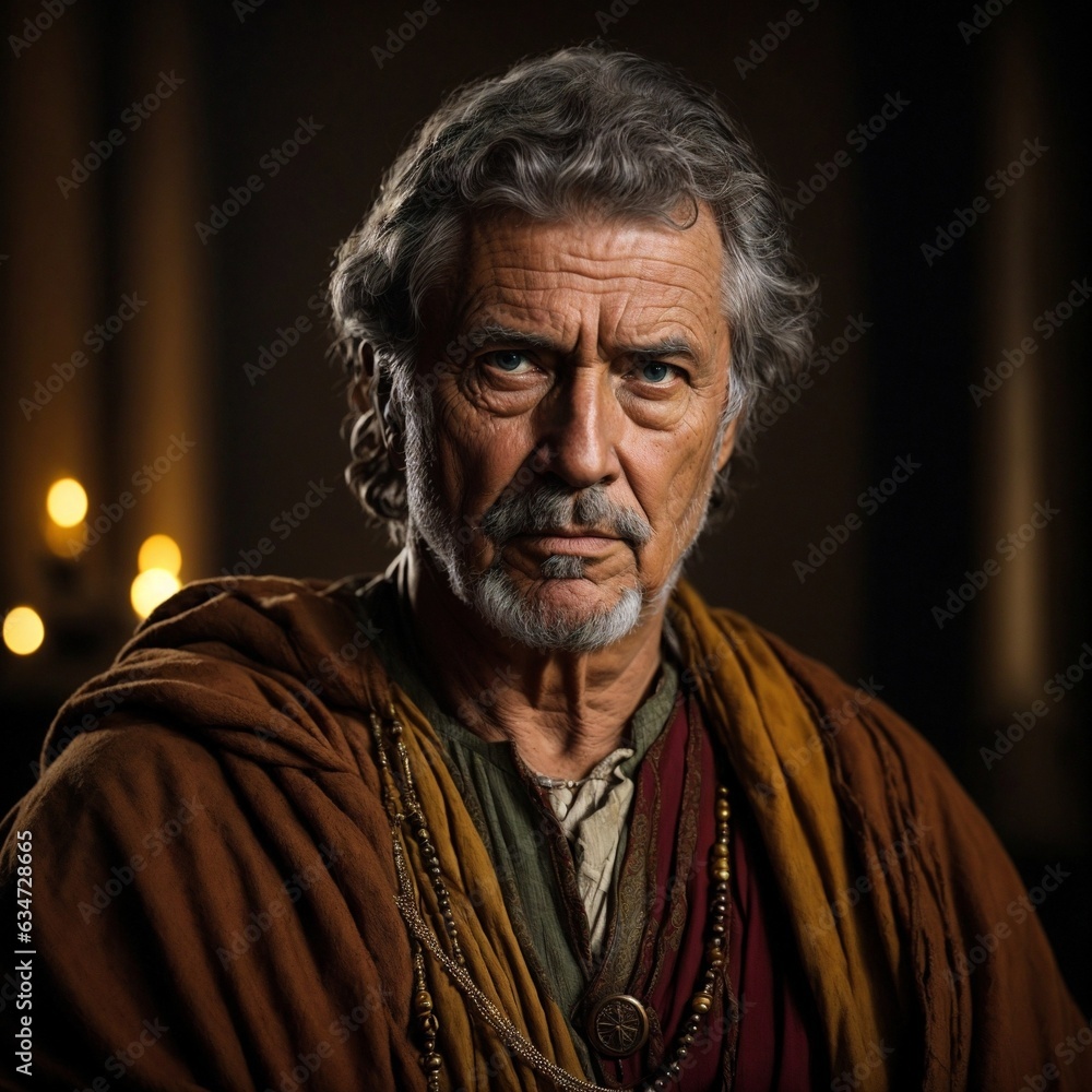 A mature man with a distinguished appearance wearing a traditional brown robe A mature man with a distinguished appearance wearing a traditional brown robe