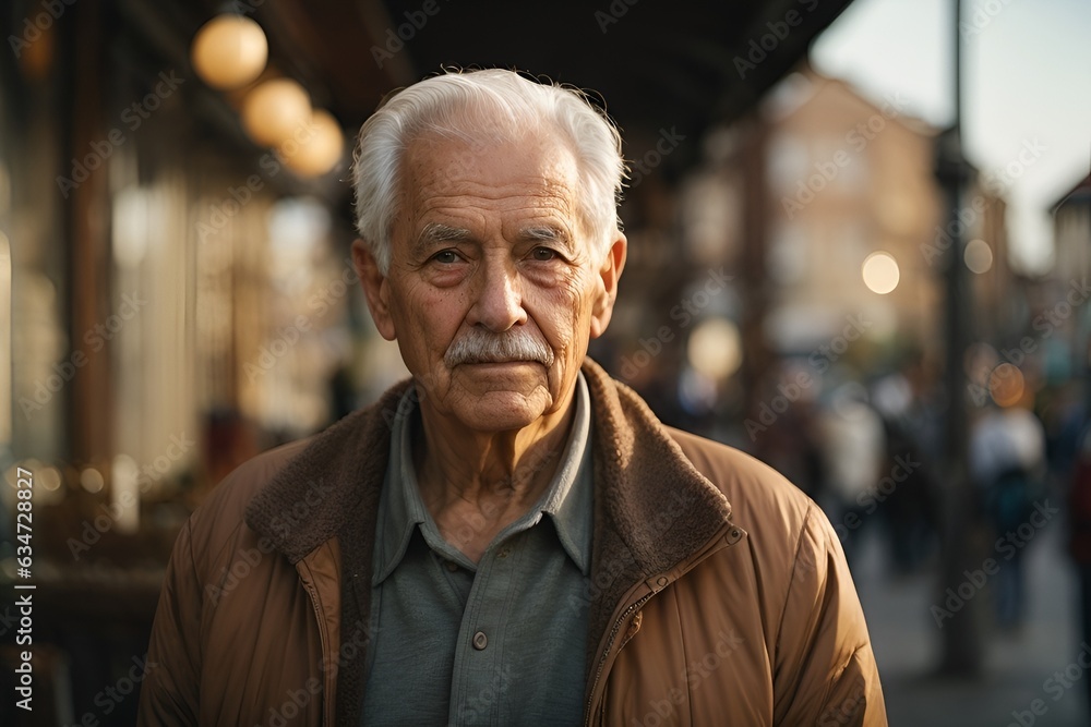 An elderly man standing on a bustling city street An elderly man standing on a bustling city street
