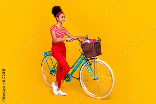 Fototapeta Naklejka Na Ścianę i Meble -  Full length photo of positive cheerful lady wear striped red t-shirt walking bike empty space isolated yellow color background